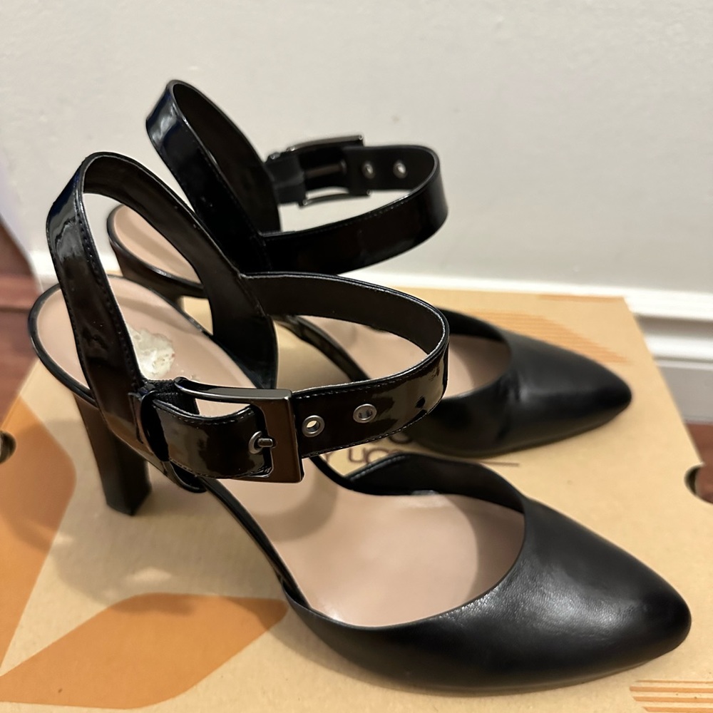 Black Leather Open Back Heels, Size 9 Medium Frank Sarto, 4 Inches